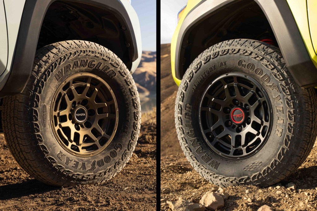 a split image of two different Toyota Tacoma wheels in the dirt