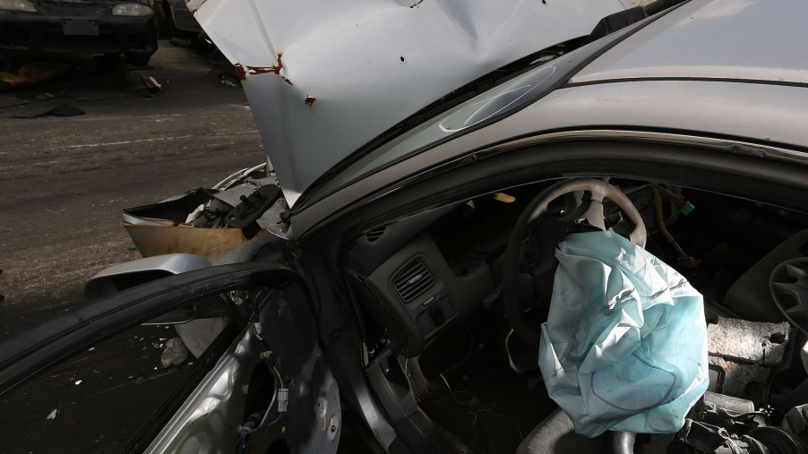 A deployed airbag is seen in a 2001 Honda Accord at the LKQ Pick Your Part salvage yard on May 22, 2015, in Medley, Florida