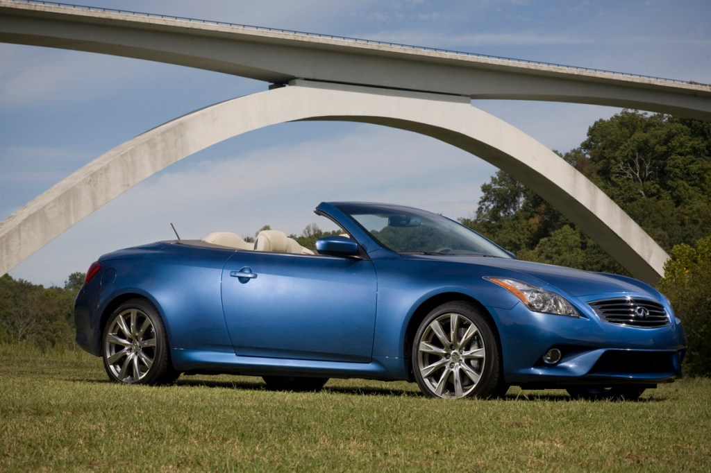 A blue Infiniti G convertible sits on grass photographed from the front 3/4