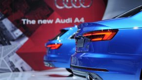 Audi Motor Co's New blue Audi A4 is displayed during the Tokyo Motor Show at Tokyo Big Sight on October 29, 2015