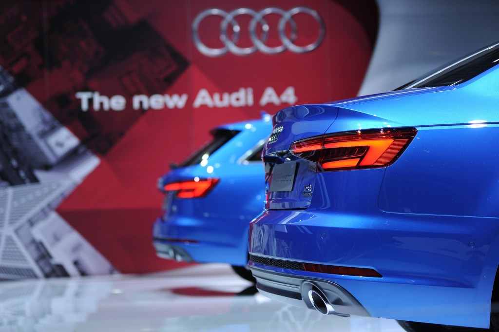 Audi Motor Co's New blue Audi A4 is displayed during the Tokyo Motor Show at Tokyo Big Sight on October 29, 2015