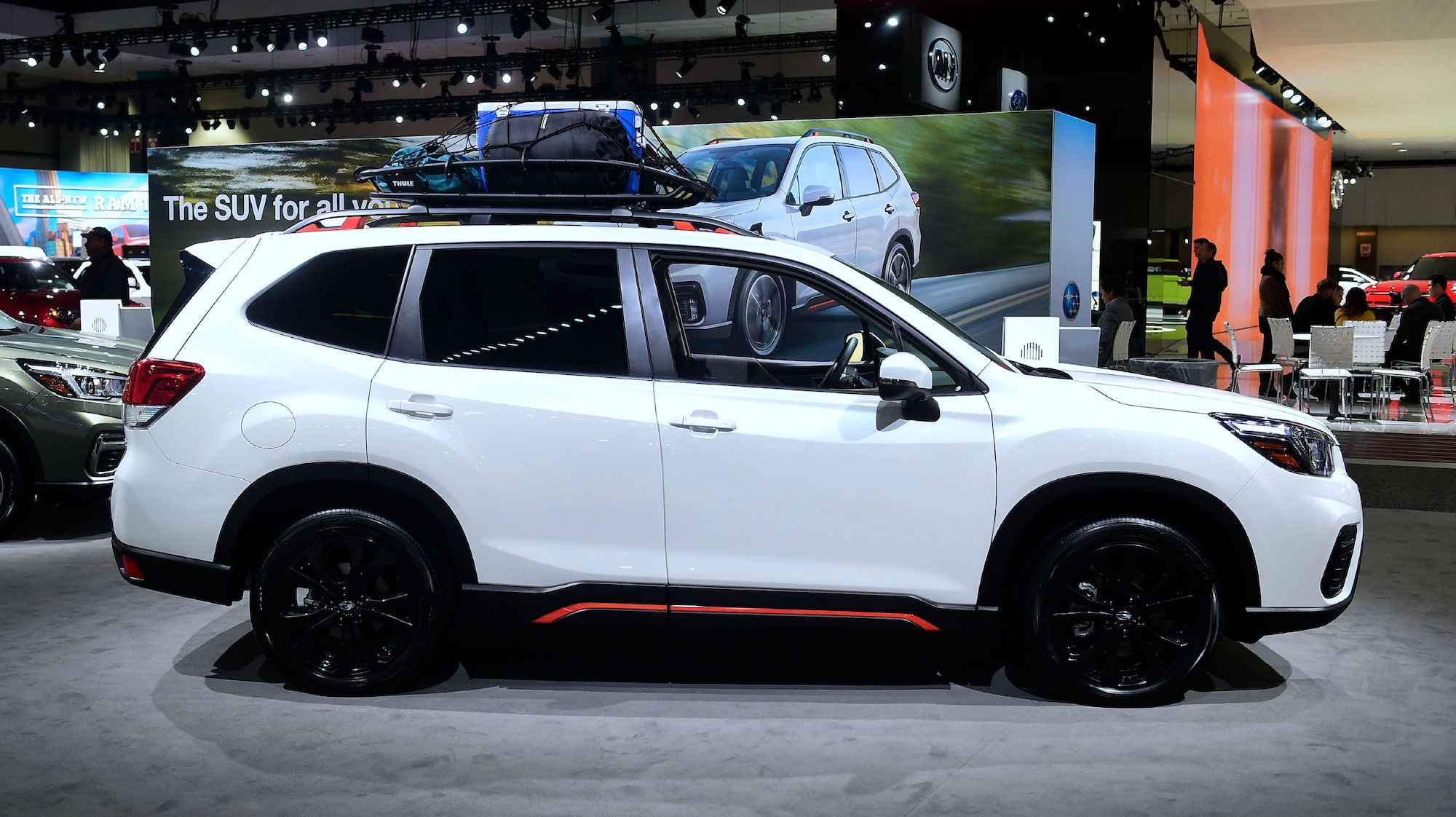 A white 2019 Subaru Forester Sport compact crossover SUV on display at Automobility LA in Los Angeles in November 2018
