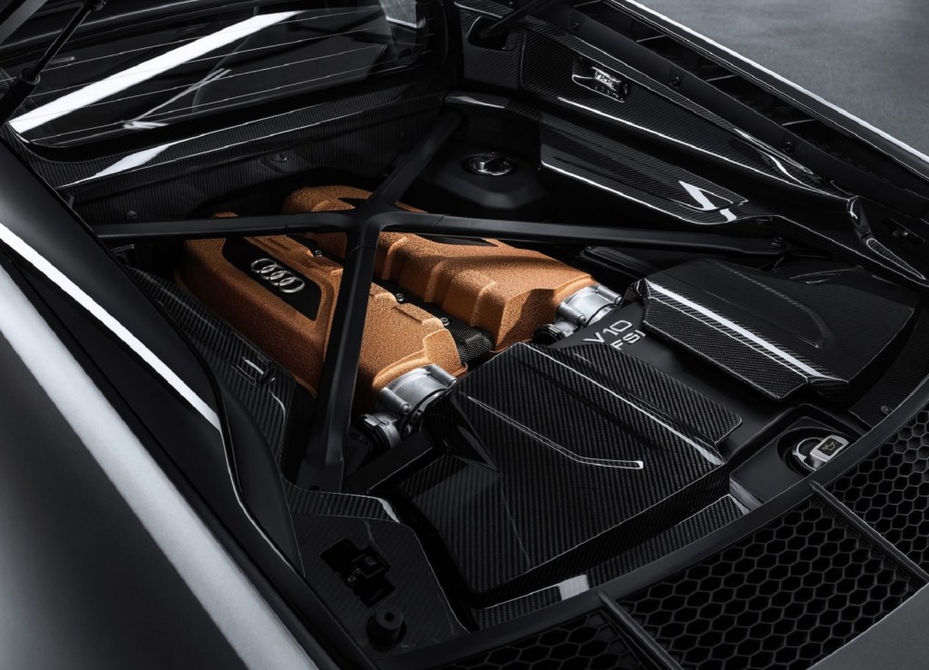 The bronze-painted V10 engine in a matte-black 2020 Audi R8 V10 Decennium