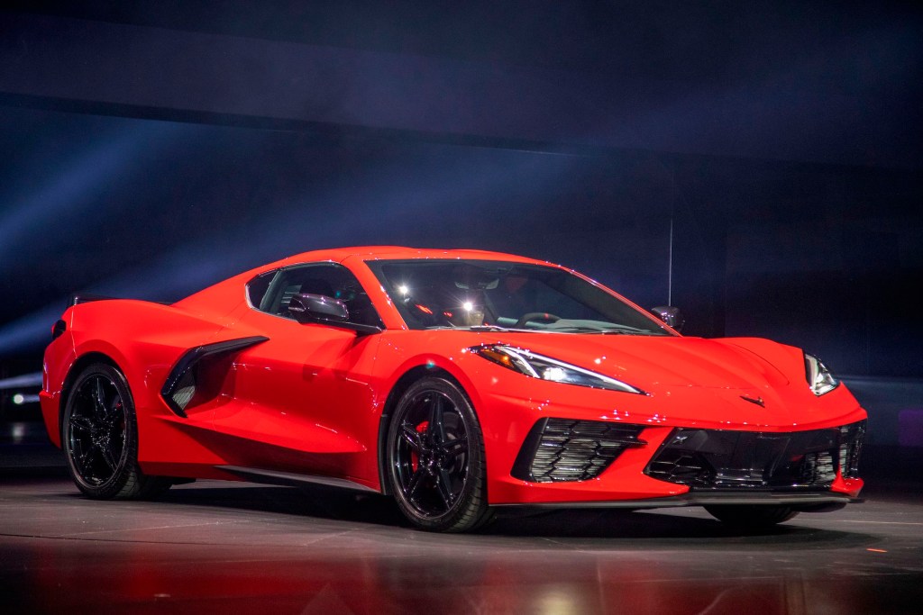 A red mid-engine 2020 Chevy Corvette Stingray at the Next Generation Corvette Reveal event in Irvine, California, on July 18, 2019