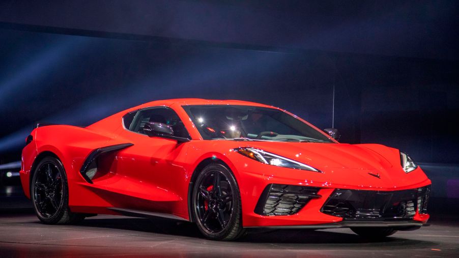 A red mid-engine 2020 Chevy Corvette Stingray at the Next Generation Corvette Reveal event in Irvine, California, on July 18, 2019