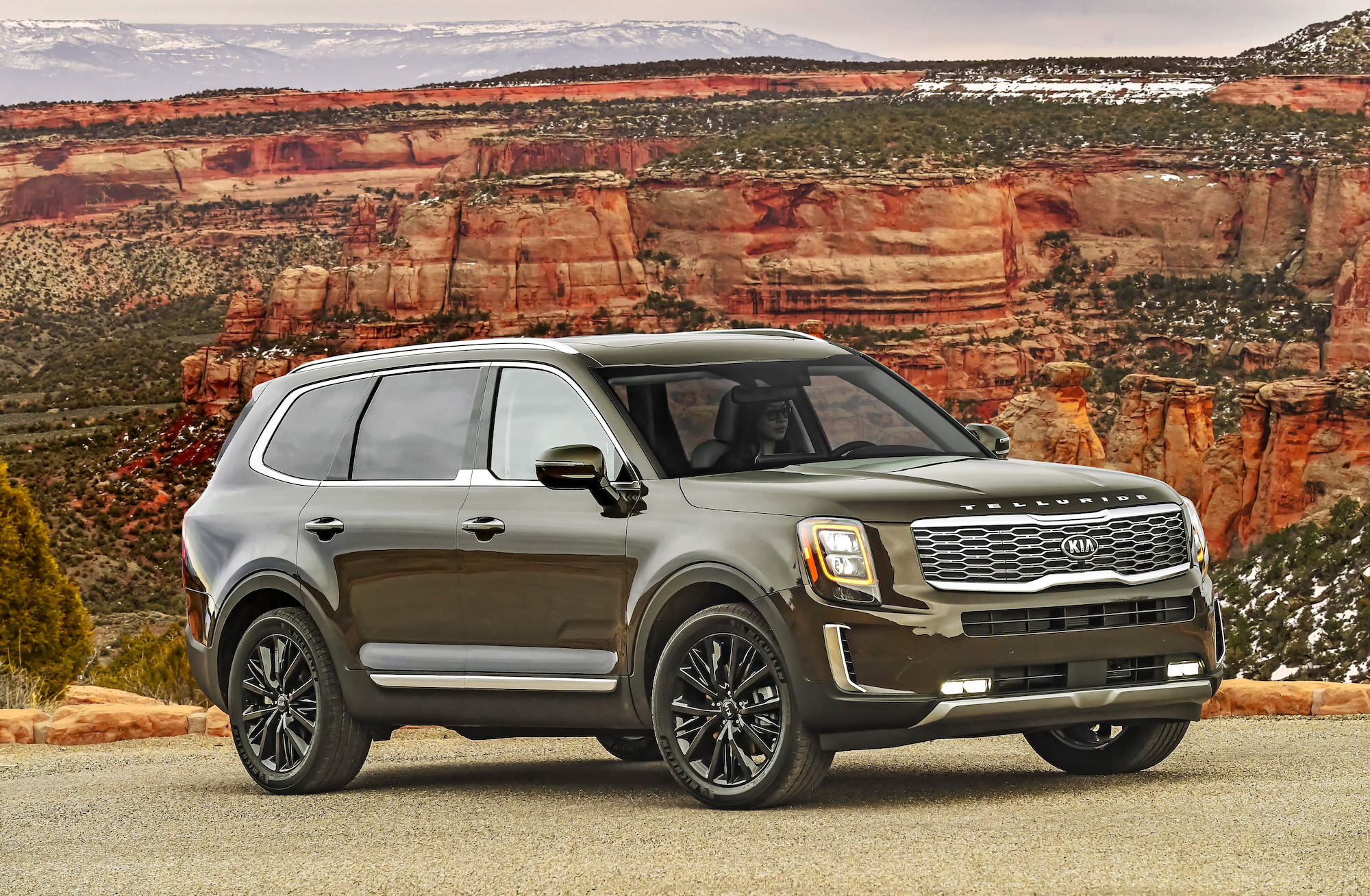 A dark-green 2020 Kia Telluride midsize crossover SUV parked in front of a red butte and mountains