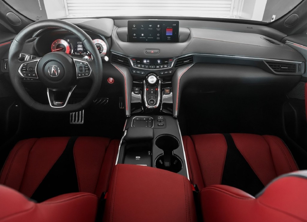 The red-leather front seats and black-leather dashboard of the 2021 Acura TLX Type S