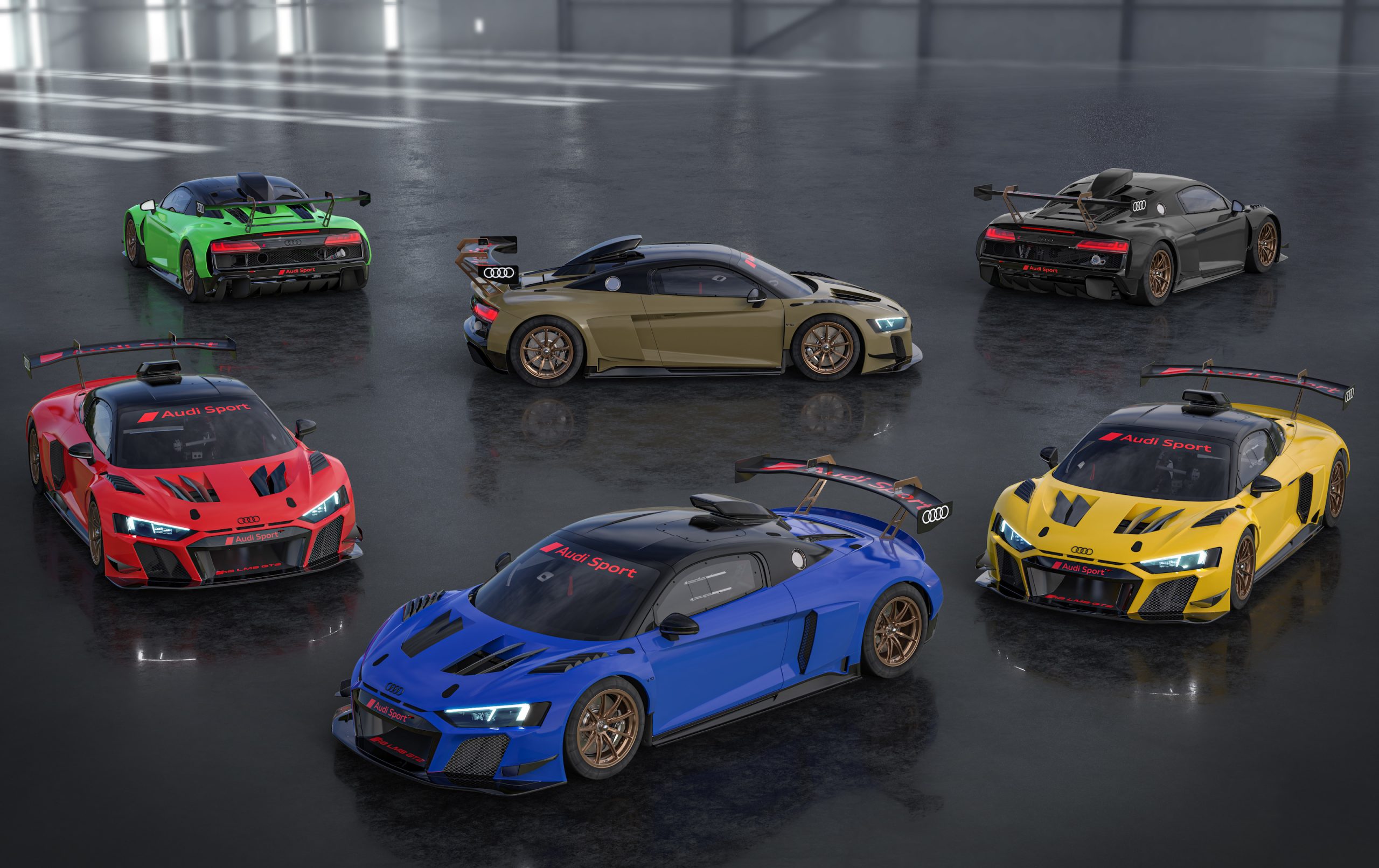The 6 car 2021 Audi R8 LMS GT2 Color Edition line up in blue, yellow, red, balck, lime green and olive green