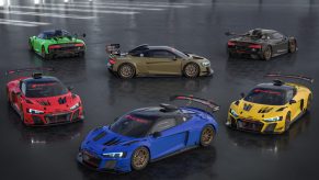 The 6 car 2021 Audi R8 LMS GT2 Color Edition line up in blue, yellow, red, balck, lime green and olive green