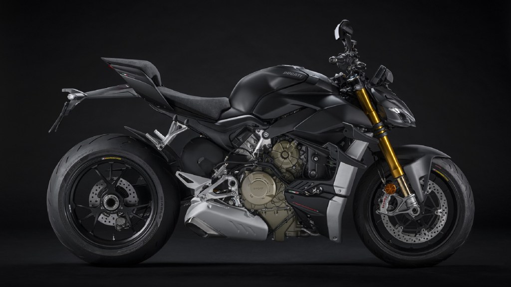 The side view of a black 2021 Ducati Streetfighter V4 S