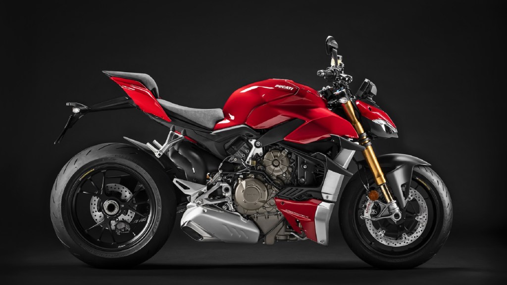 The side view of a red 2021 Ducati Streetfighter V4