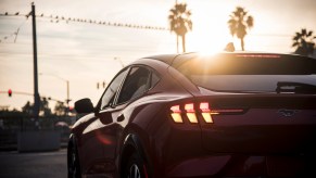 A rear view of a red 2021 Ford Mustang Mach-E electric SUV stopped on a street lined with palm trees as the sun hangs over the horizon