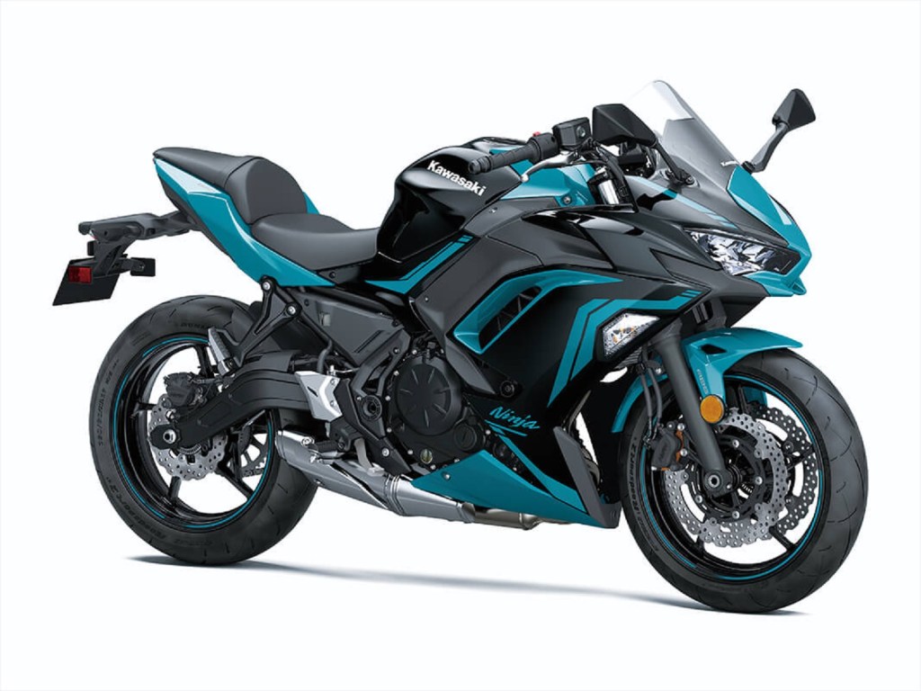 A blue-and-black 2021 Kawasaki Ninja 650 ABS
