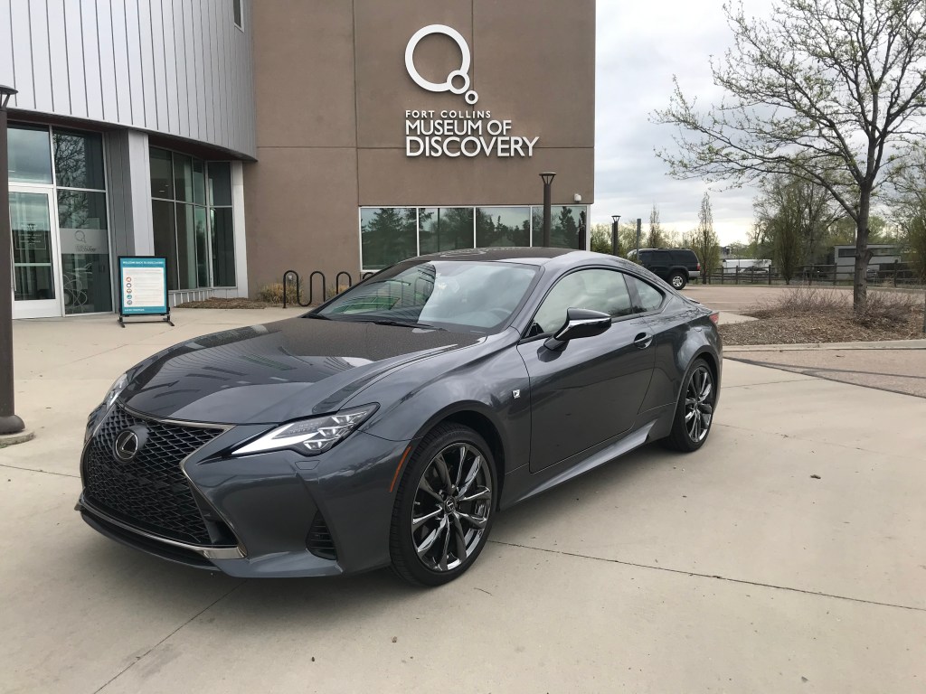 front three quarter shot of 2021 Lexus RC 350 F Sport  in front of a museum
