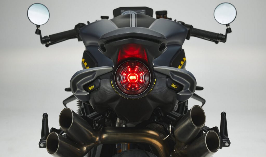 The rear view of a black-and-green 2021 MV Agusta Rush 1000