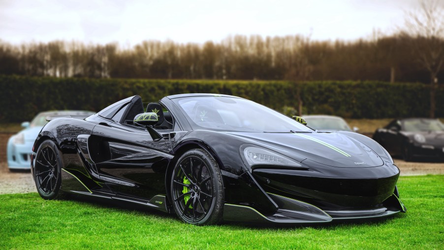 A black McLaren 600LT convertible sports car at the Sharnbrook Hotel on March 21, 2021, in Bedfordshire, England