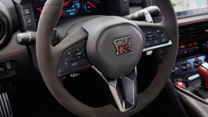 The steering wheel inside a 2020 Nissan GT-R NISMO supercar
