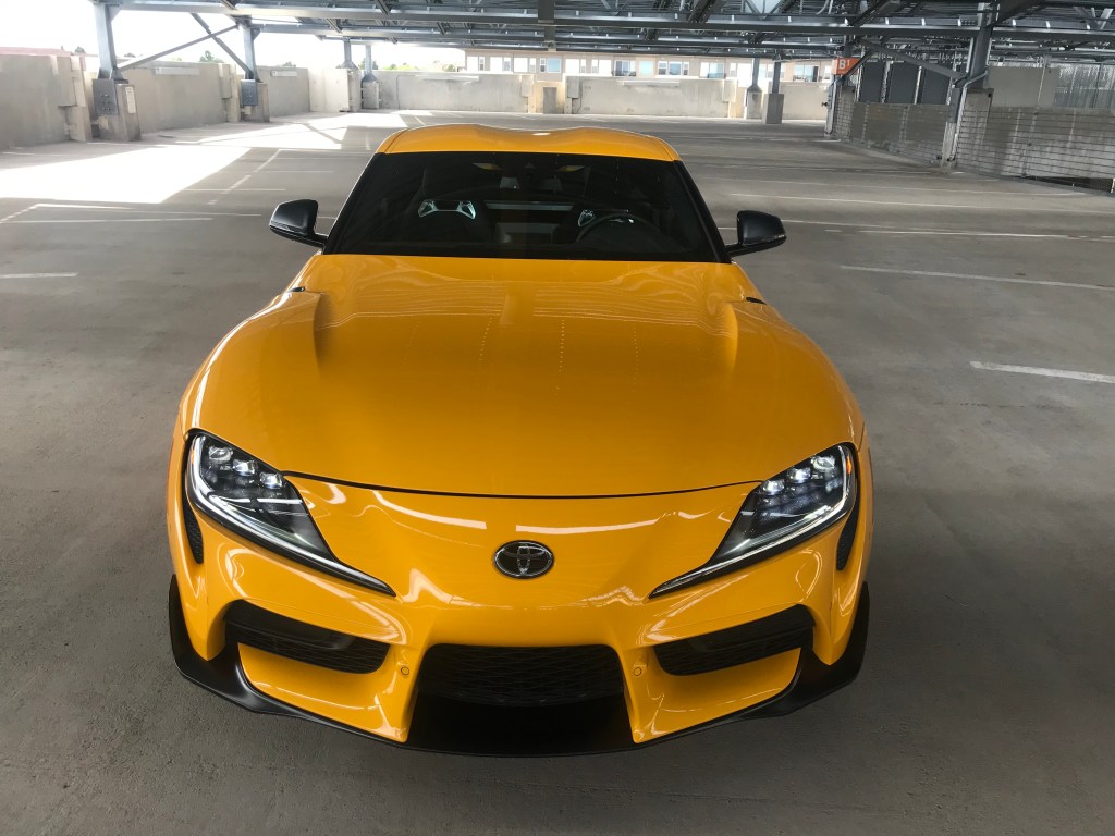 a front shot of the 2021 Toyota Supra 3.0 in a parking garage