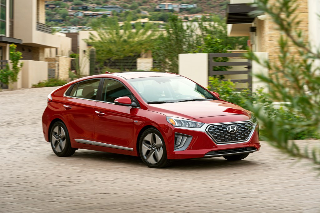 a front shot of the 2021 Hyundai Ioniq Hybrid in red