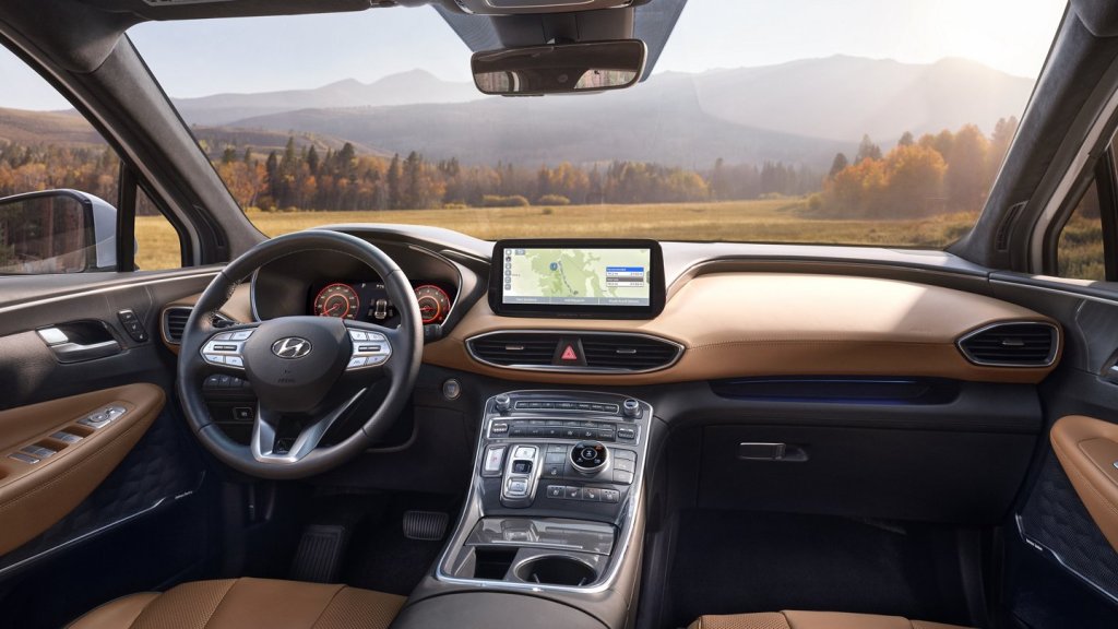 The 2021 Hyundai Santa Fe interior including the center stack and digital cluster display 