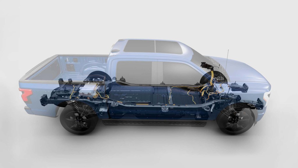 A cutaway diagram of the 2022 Ford F-150 Lightning showing its electric motors and battery pack