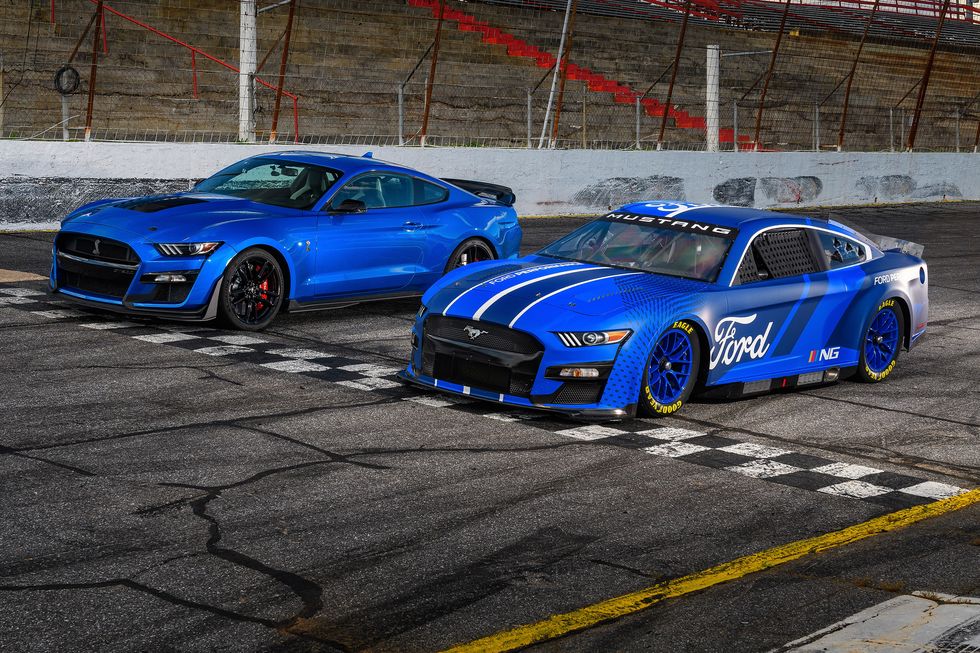 2022 Ford Mustang NASCAR race car with production Mustang