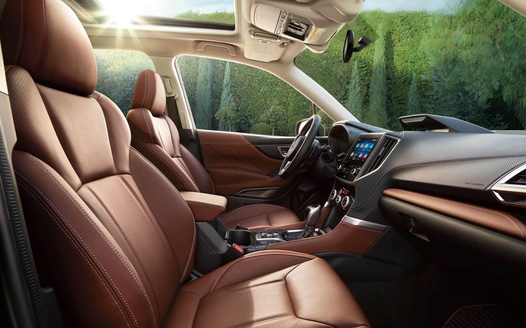 The interior of the 2021 Subaru Forester Touring interior that shows the steering wheel 