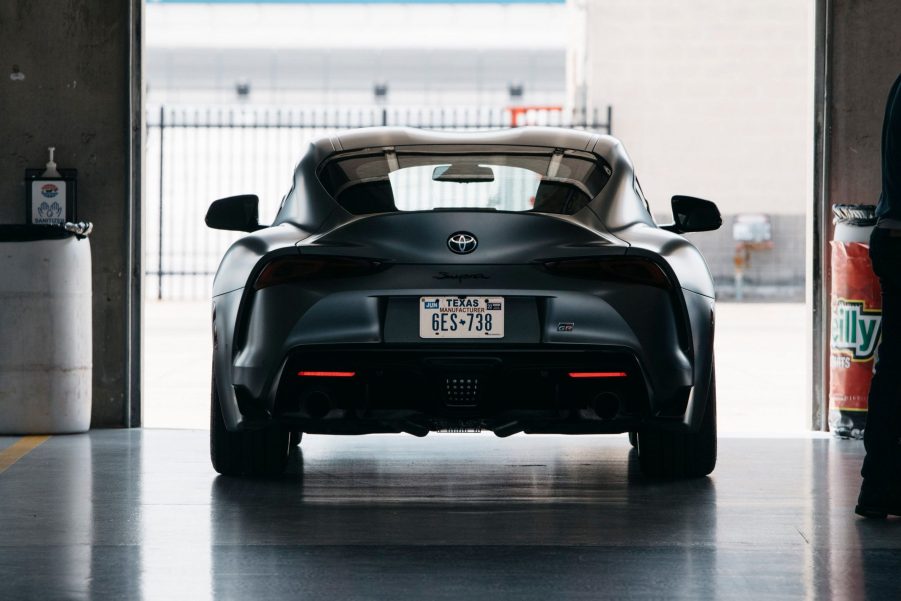 the rear view of the 2021 Toyota Supra the garage