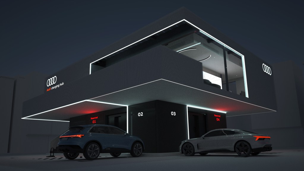 An exterior shot of the German brand's charging hub at night, computer rendered with a few e-tron models parked out front