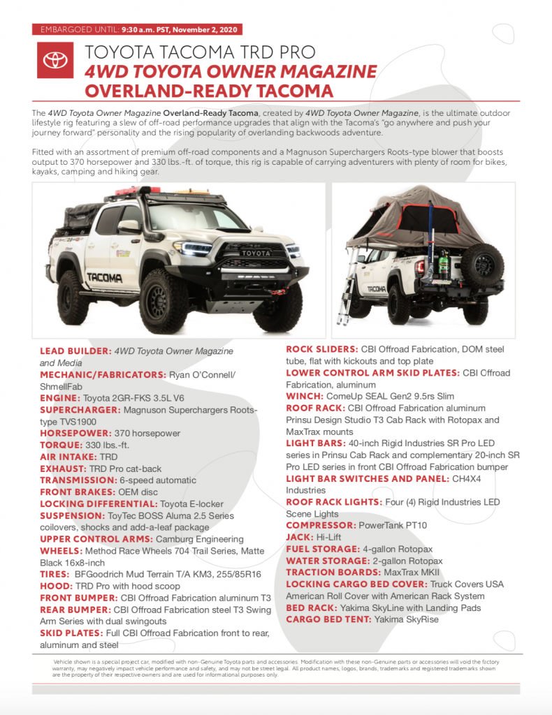 The fact sheet for the w4d toyota owner SEMA concept tacoma overland truck