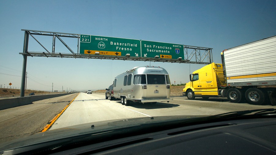 An Airstream travel trailer on the road to Yosemite National Park in California