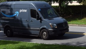 A blue Amazon Prime delivery van leaves a distribution center on July 14, 2019, in Orlando, Florida