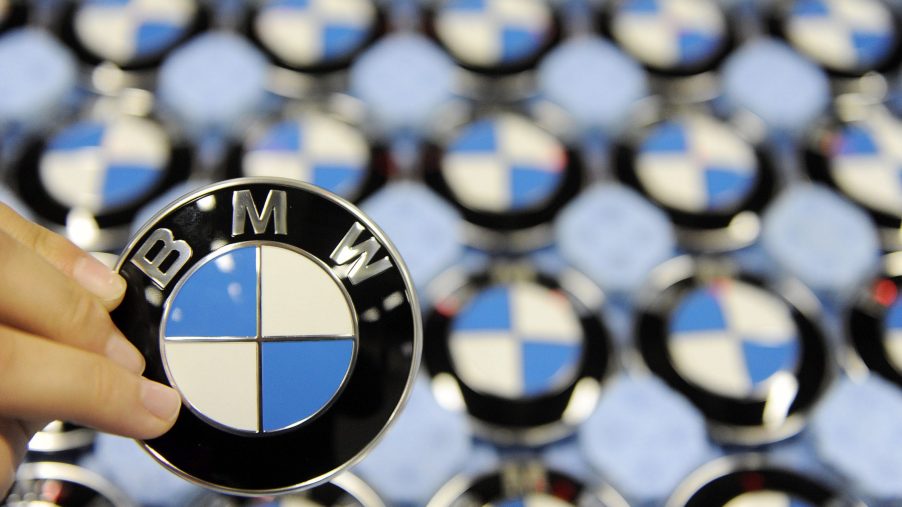 BMW logo badges in the manufacturing facility