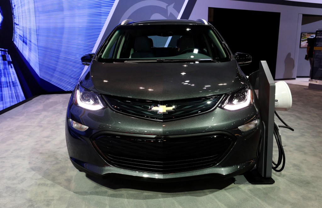 Black 2019 Chevrolet Bolt EV is on display at the 111th Annual Chicago Auto Show at McCormick Place