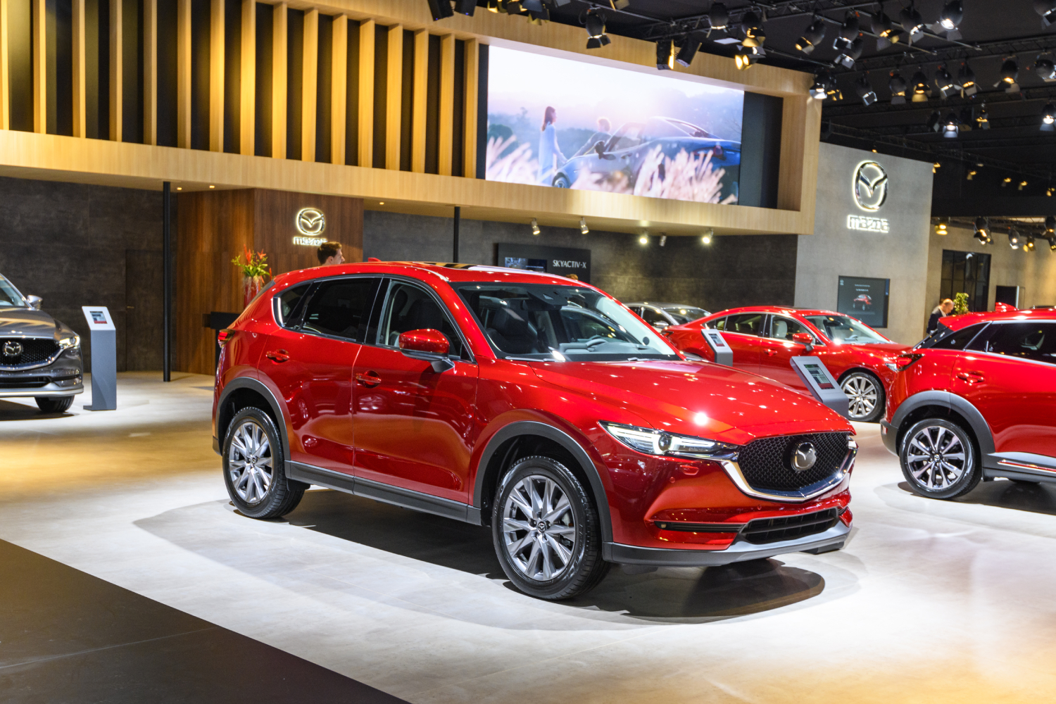 A red Mazda CX-5 SUV on display