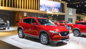 A red Mazda CX-5 SUV on display