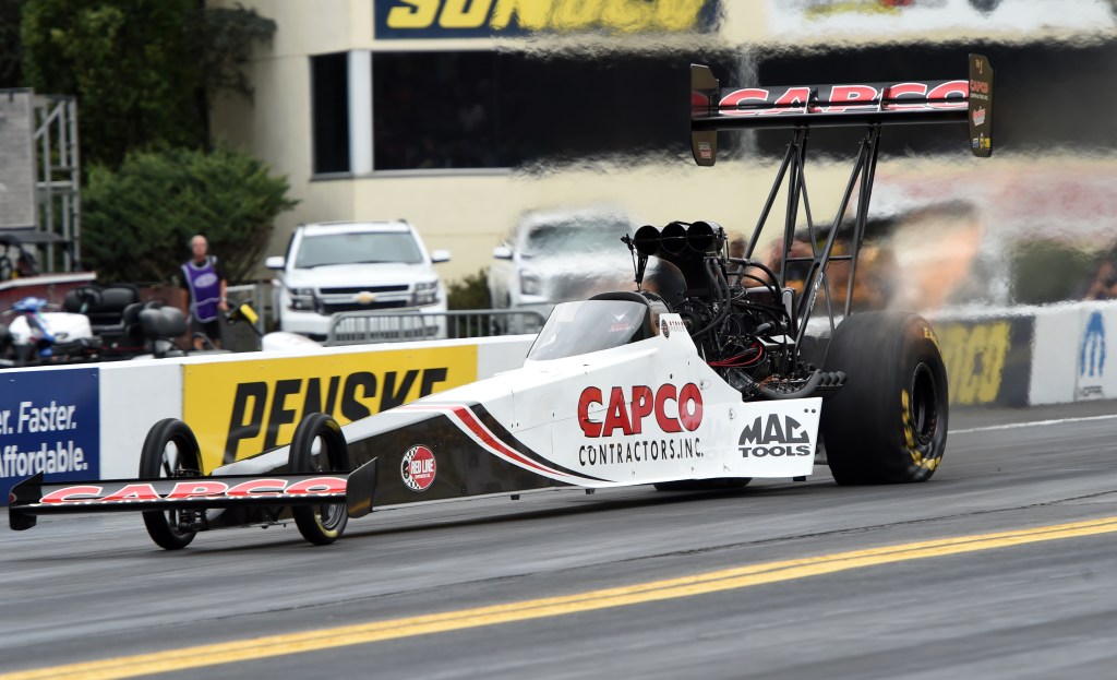 A Capco Contractors dragster at a racing event. NHRA's 2021 SpringNationals was postponed due to weather.