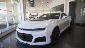 A white Chevrolet Camaro vehicle is seen at a Holden dealership on January 4, 2021