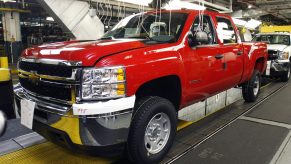 A Chevy Silverado Coupe Cab HD truck is built on the assembly line of the General Motors Flint Assembly Plant January 24, 2011