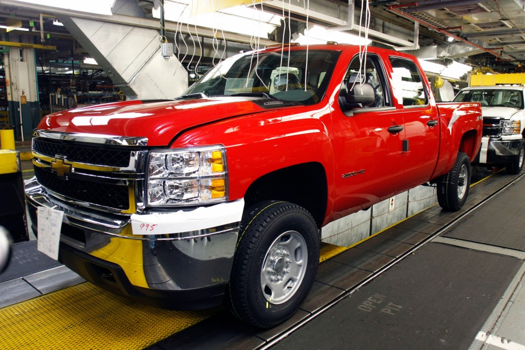 A Chevy Silverado Coupe Cab HD truck is built on the assembly line of the General Motors Flint Assembly Plant January 24, 2011