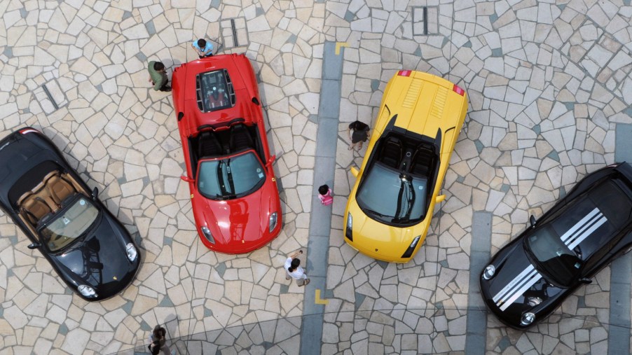Lamborghini and Ferrari cars in a row