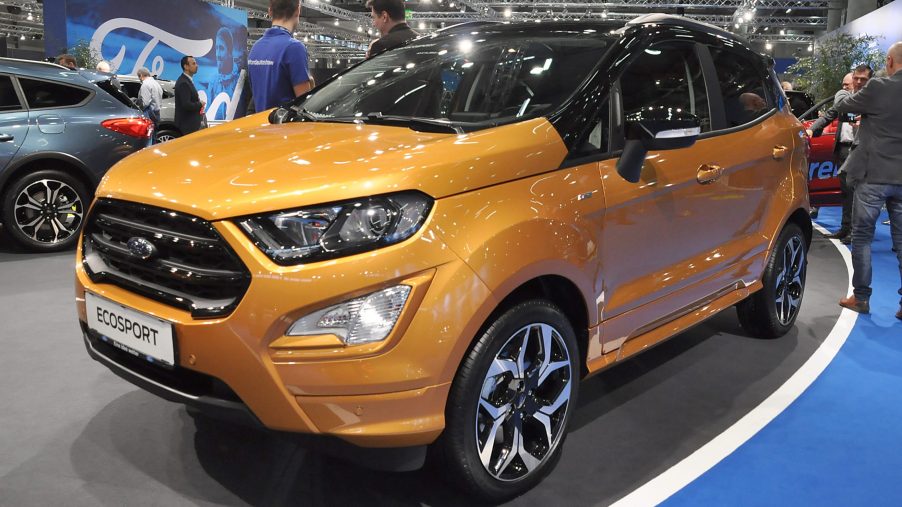 A yellow Ford EcoSport is seen during the Vienna Car Show press preview at Messe Wien, as part of Vienna Holiday Fair