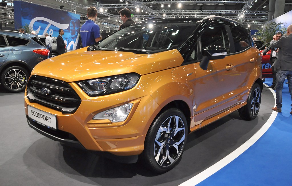 A yellow Ford EcoSport is seen during the Vienna Car Show press preview at Messe Wien, as part of Vienna Holiday Fair