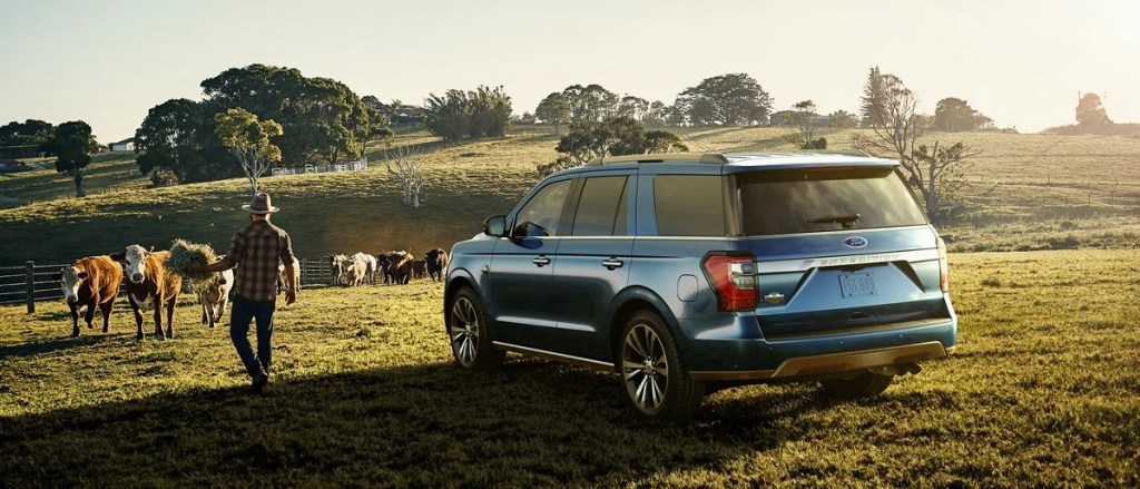 A 2021 Ford Expedition sits on farmland with cows and a farmer in the background.