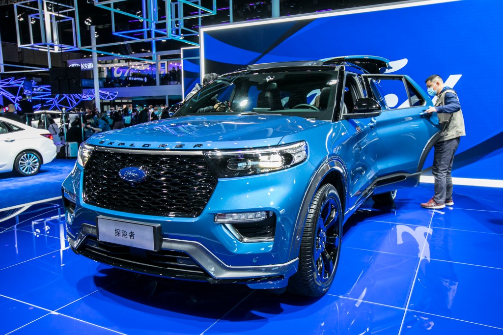 A blue 2021 Ford Explorer SUV is on display during the 19th Shanghai International Automobile Industry Exhibition
