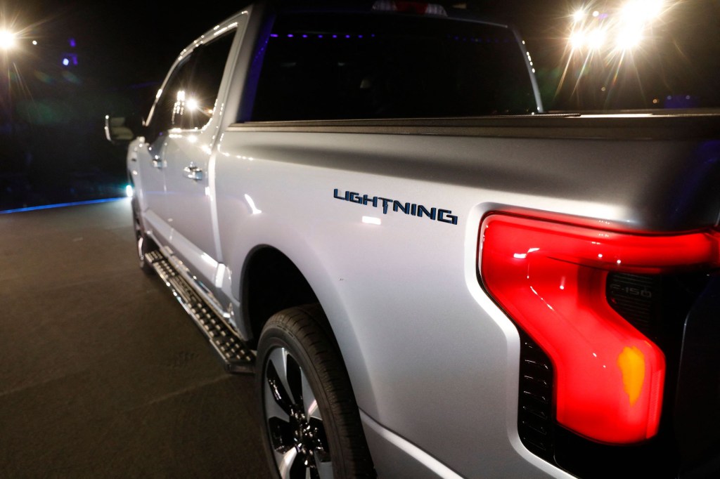 Ford Motor Company unveils their new silver electric F-150 Lightning outside of their headquarters in Dearborn, Michigan