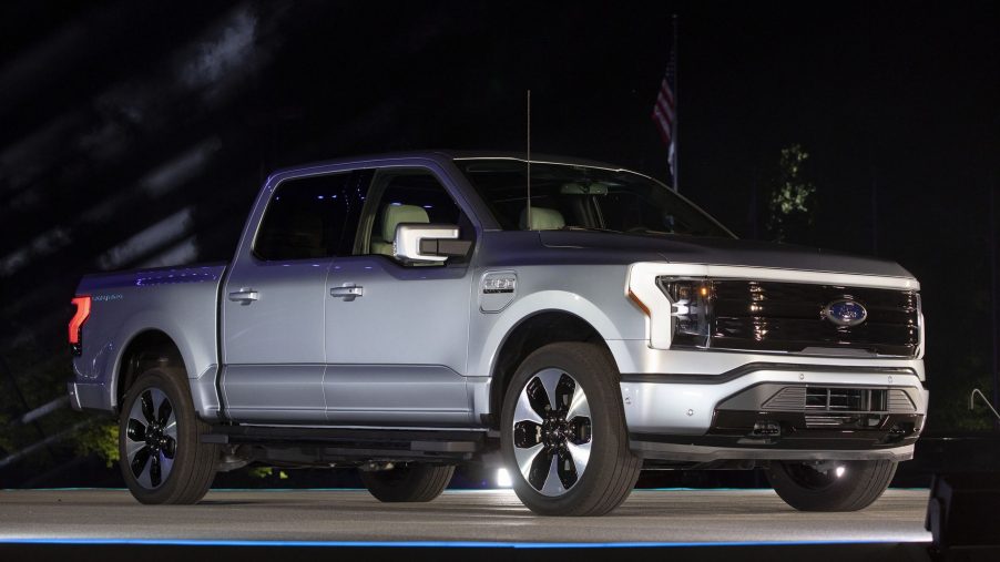 The new silver all-electric Ford F-150 Lightning performance pickup truck is revealed at a livestream event at Ford World Headquarters