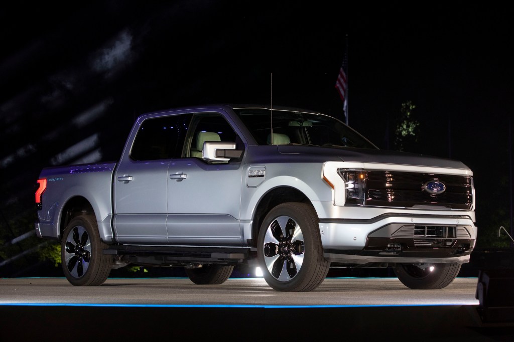 The new silver all-electric Ford F-150 Lightning performance pickup truck is revealed at a livestream event at Ford World Headquarters