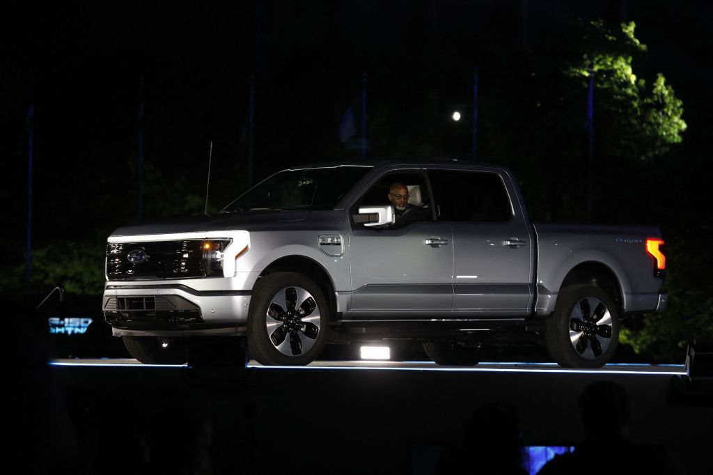 Ford Motor Company' unveils their new electric silver F-150 Lightning outside of their headquarters in Dearborn, Michigan