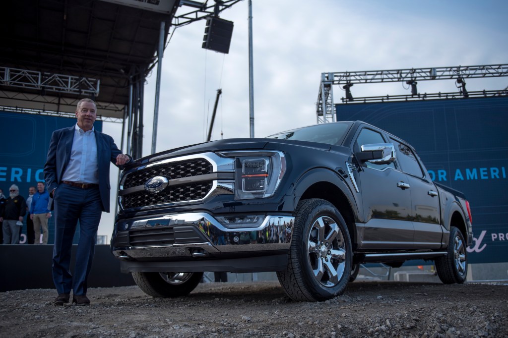 Executive Chairman of Ford Bill Ford poses for a photo with the 2021 Ford F-150 King Ranch Truck at the Ford Built for America event at Ford’s Dearborn Truck Plant